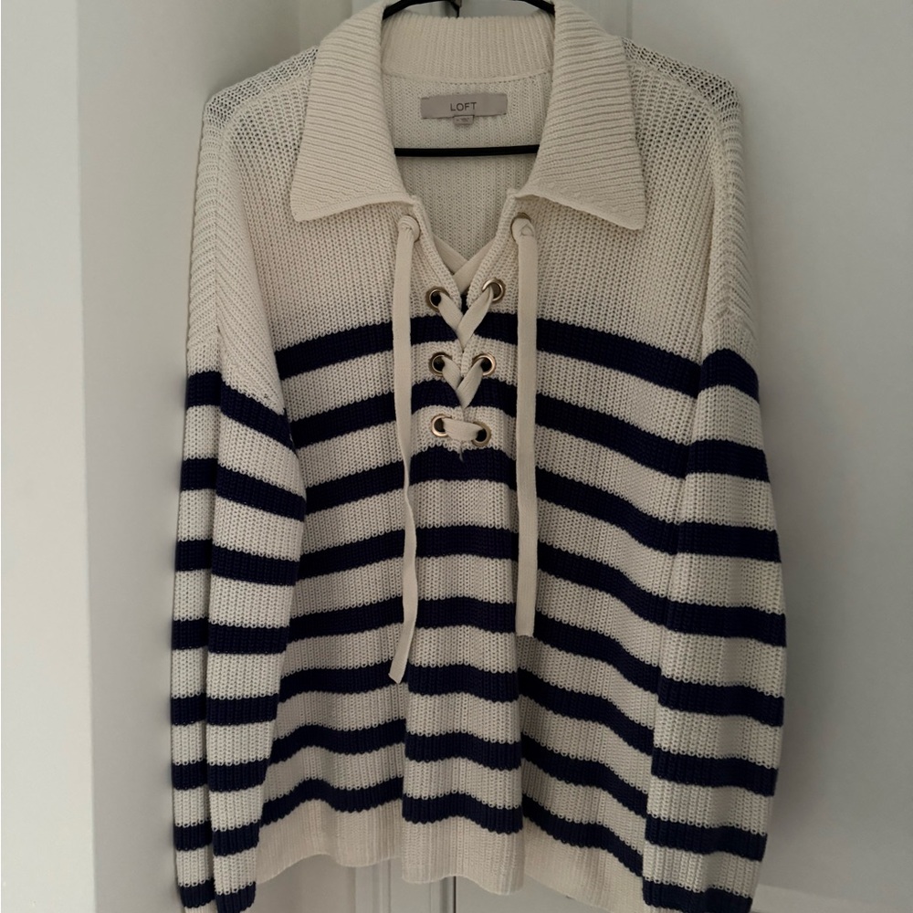 LOFT Cream and Black Striped Lace-Up Sweater